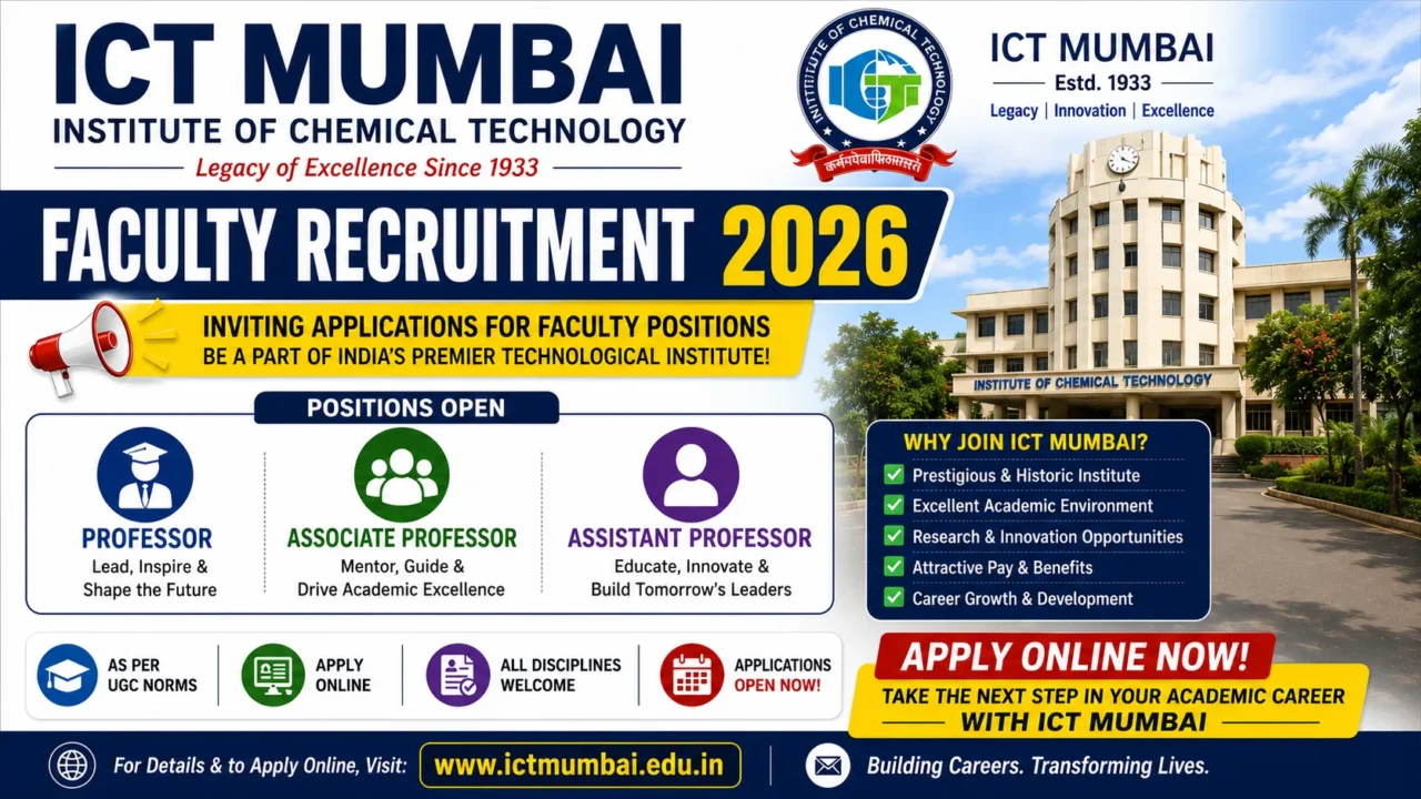 ICT Mumbai Faculty Recruitment 2026 thumbnail highlighting Professor, Associate Professor, and Assistant Professor vacancies at the Institute of Chemical Technology (ICT), Mumbai, with online application details and faculty recruitment announcement.