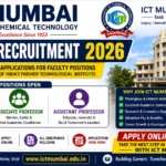 ICT Mumbai Faculty Recruitment 2026 thumbnail highlighting Professor, Associate Professor, and Assistant Professor vacancies at the Institute of Chemical Technology (ICT), Mumbai, with online application details and faculty recruitment announcement.
