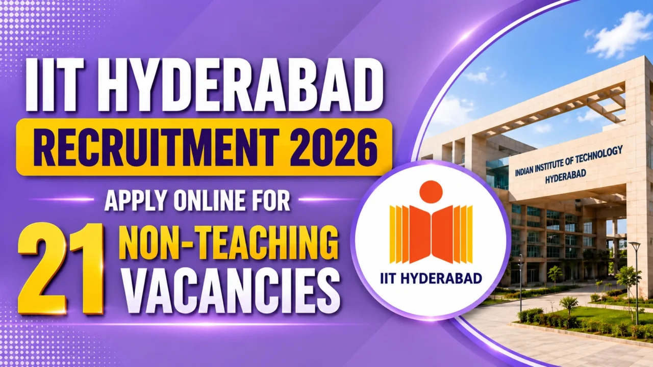 IIT Hyderabad Recruitment 2026 promotional thumbnail featuring a light purple gradient background, IIT Hyderabad campus building, institute logo, and bold text highlighting 21 Non-Teaching Vacancies.