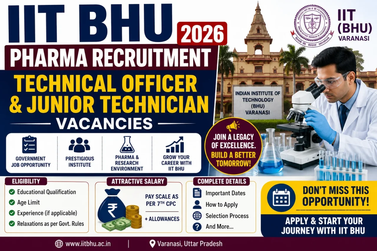 IIT BHU Pharma Recruitment 2026 thumbnail featuring Technical Officer and Junior Technician vacancies, pharmaceutical research laboratory visuals, IIT BHU campus, eligibility criteria, salary information, and government job opportunities.
