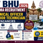IIT BHU Pharma Recruitment 2026 thumbnail featuring Technical Officer and Junior Technician vacancies, pharmaceutical research laboratory visuals, IIT BHU campus, eligibility criteria, salary information, and government job opportunities.