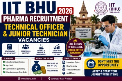 IIT BHU Pharma Recruitment 2026 thumbnail featuring Technical Officer and Junior Technician vacancies, pharmaceutical research laboratory visuals, IIT BHU campus, eligibility criteria, salary information, and government job opportunities.