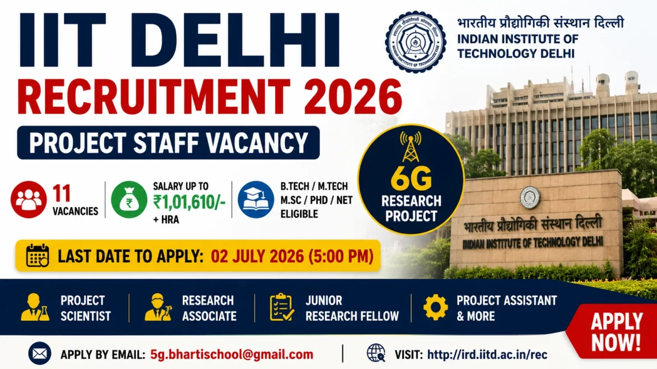 IIT Delhi Recruitment 2026 notification highlighting Junior Research Fellow (JRF) vacancy with M.Pharm, B.Pharm, M.Sc, and related candidates eligible to apply. Includes application details, salary, and last date.