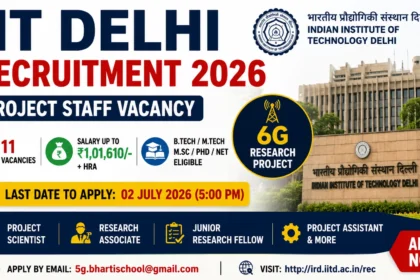 IIT Delhi Recruitment 2026 notification highlighting Junior Research Fellow (JRF) vacancy with M.Pharm, B.Pharm, M.Sc, and related candidates eligible to apply. Includes application details, salary, and last date.