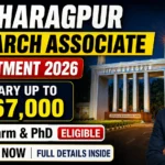 IIT Kharagpur Research Associate Recruitment 2026 thumbnail featuring IIT Kharagpur campus entrance, salary up to ₹67,000, M.Pharm & PhD eligibility, and a professional candidate image.
