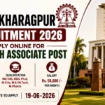 A recruitment thumbnail for IIT Kharagpur Recruitment 2026 featuring the IIT Kharagpur campus building, institute logo, and information about the Research Associate post, including qualifications, salary, vacancy details, and application deadline.