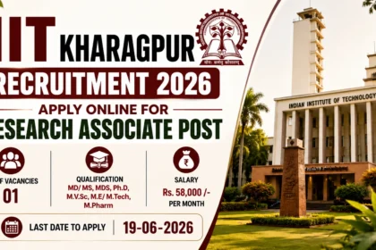 A recruitment thumbnail for IIT Kharagpur Recruitment 2026 featuring the IIT Kharagpur campus building, institute logo, and information about the Research Associate post, including qualifications, salary, vacancy details, and application deadline.
