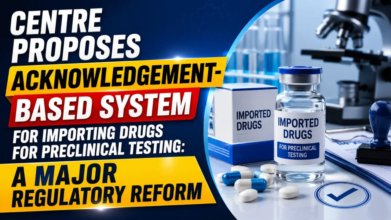 YouTube thumbnail highlighting the Government's proposal for an acknowledgement-based system to import drugs for preclinical testing, featuring laboratory equipment, imported drug packaging, medicine vials, capsules, and a pharmaceutical research setting.