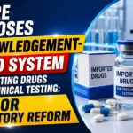YouTube thumbnail highlighting the Government's proposal for an acknowledgement-based system to import drugs for preclinical testing, featuring laboratory equipment, imported drug packaging, medicine vials, capsules, and a pharmaceutical research setting.