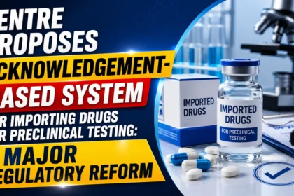 YouTube thumbnail highlighting the Government's proposal for an acknowledgement-based system to import drugs for preclinical testing, featuring laboratory equipment, imported drug packaging, medicine vials, capsules, and a pharmaceutical research setting.