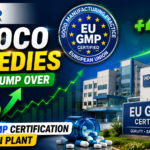 Indoco Remedies stock surge thumbnail showing EU GMP certification badge, Baddi manufacturing plant, rising stock market graph, green growth arrow, and pharmaceutical industry success concept.