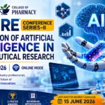 INSPIRE Conference Series–II banner featuring a robotic hand holding a glowing capsule, AI brain graphics, pharmaceutical research elements, and event details for an online conference on Artificial Intelligence in Pharmaceutical Research organized by the College of Pharmacy, JSS University, Noida on 19 June 2026.
