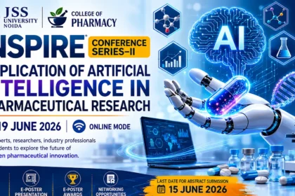 INSPIRE Conference Series–II banner featuring a robotic hand holding a glowing capsule, AI brain graphics, pharmaceutical research elements, and event details for an online conference on Artificial Intelligence in Pharmaceutical Research organized by the College of Pharmacy, JSS University, Noida on 19 June 2026.