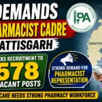 YouTube thumbnail highlighting IPA's demand for a new pharmacist cadre in Chhattisgarh and recruitment to 578 vacant pharmacist posts, featuring a pharmacist, Chhattisgarh map, IPA logo, and bold recruitment-related text.