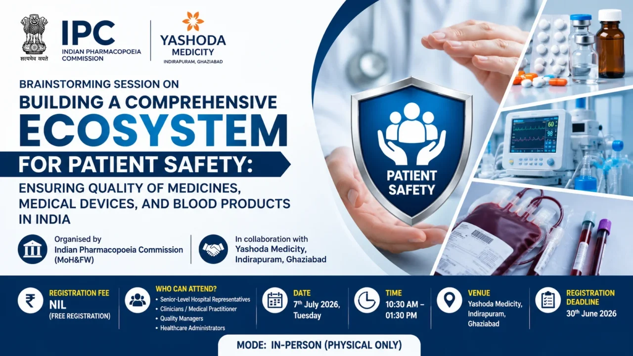 Indian Pharmacopoeia Commission (IPC) and Yashoda Medicity brainstorming session banner on patient safety, medicine quality, medical devices, and blood products in India, scheduled for 7 July 2026 in Ghaziabad.