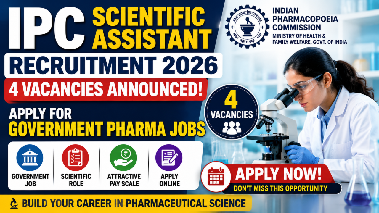 IPC Scientific Assistant Recruitment 2026 thumbnail featuring a laboratory scientist working with a microscope, Indian Pharmacopoeia Commission logo, government pharma job announcement, and 4 vacancies highlighted in bold text.