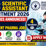 IPC Scientific Assistant Recruitment 2026 thumbnail featuring a laboratory scientist working with a microscope, Indian Pharmacopoeia Commission logo, government pharma job announcement, and 4 vacancies highlighted in bold text.