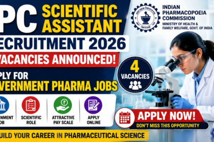 IPC Scientific Assistant Recruitment 2026 thumbnail featuring a laboratory scientist working with a microscope, Indian Pharmacopoeia Commission logo, government pharma job announcement, and 4 vacancies highlighted in bold text.