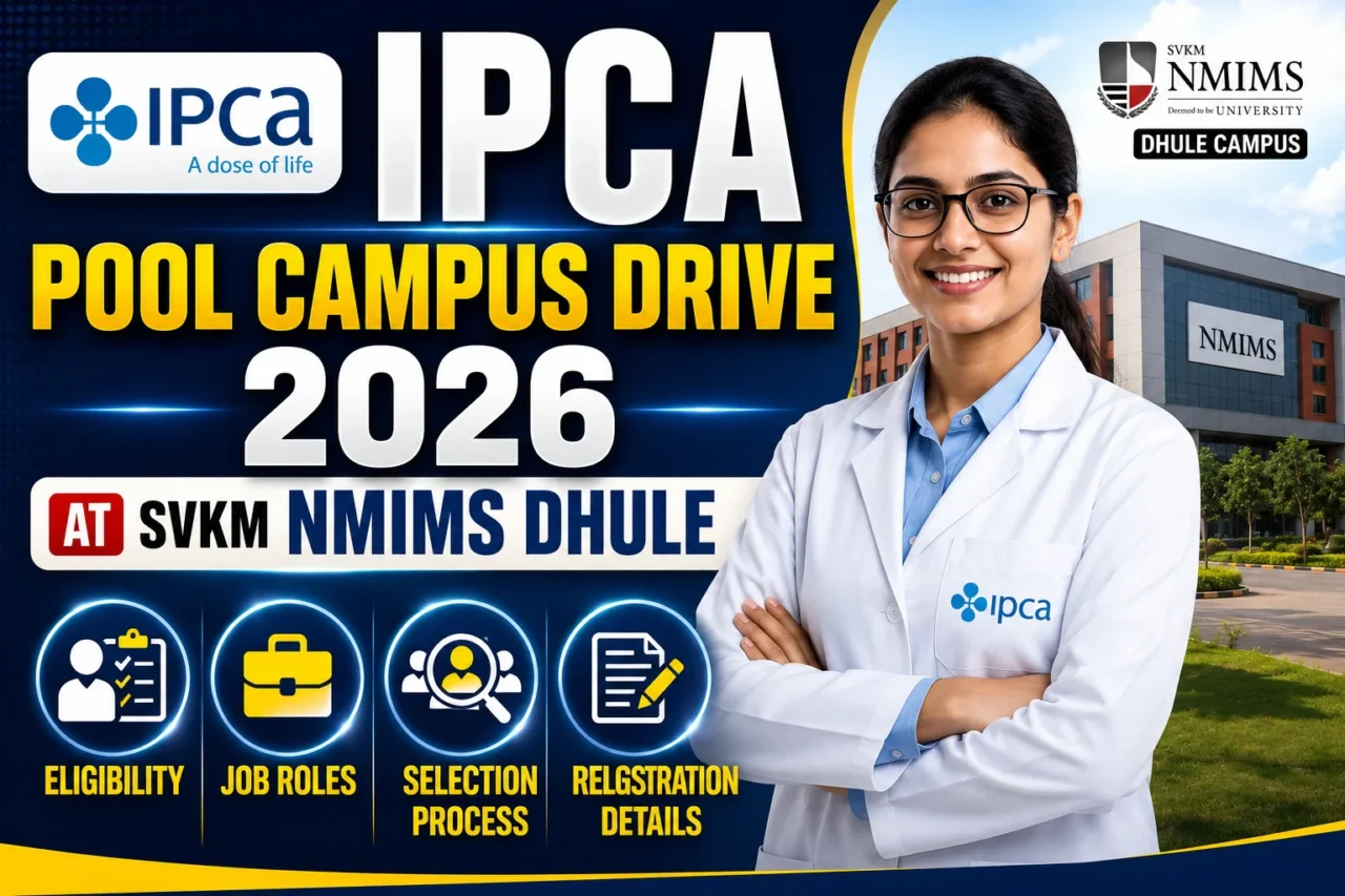 Professional recruitment thumbnail for IPCA Pool Campus Drive 2026 at SVKM NMIMS Dhule featuring a pharmaceutical professional, NMIMS campus background, and bold text highlighting the campus placement drive.