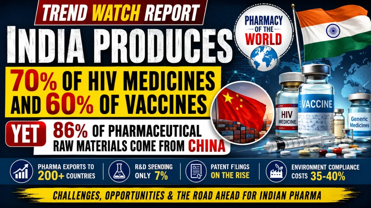 Infographic thumbnail showing India's pharmaceutical industry highlighting that India produces 70% of HIV medicines and 60% of vaccines while importing 86% of pharmaceutical raw materials from China, featuring vaccine vials, medicines, Indian and Chinese flags, and a global healthcare theme.