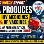 Infographic thumbnail showing India's pharmaceutical industry highlighting that India produces 70% of HIV medicines and 60% of vaccines while importing 86% of pharmaceutical raw materials from China, featuring vaccine vials, medicines, Indian and Chinese flags, and a global healthcare theme.