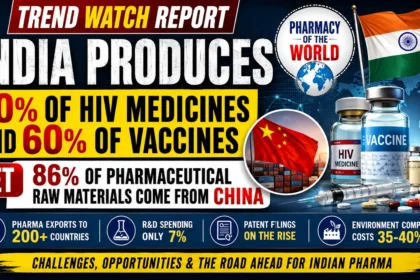 Infographic thumbnail showing India's pharmaceutical industry highlighting that India produces 70% of HIV medicines and 60% of vaccines while importing 86% of pharmaceutical raw materials from China, featuring vaccine vials, medicines, Indian and Chinese flags, and a global healthcare theme.