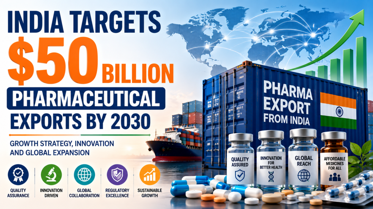 16:9 infographic thumbnail showing India's goal of achieving $50 billion pharmaceutical exports by 2030, featuring export containers, medicine vials, capsules, cargo shipping, global trade connections, and growth charts symbolizing innovation and global expansion.