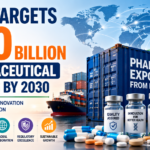 16:9 infographic thumbnail showing India's goal of achieving $50 billion pharmaceutical exports by 2030, featuring export containers, medicine vials, capsules, cargo shipping, global trade connections, and growth charts symbolizing innovation and global expansion.