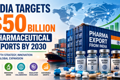 16:9 infographic thumbnail showing India's goal of achieving $50 billion pharmaceutical exports by 2030, featuring export containers, medicine vials, capsules, cargo shipping, global trade connections, and growth charts symbolizing innovation and global expansion.