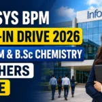 Thumbnail featuring the Infosys BPM office building and a professional fresher candidate, highlighting the Infosys BPM Walk-In Drive 2026 for B.Pharm and B.Sc Chemistry freshers in Pune.