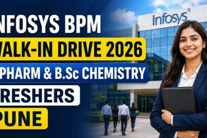 Thumbnail featuring the Infosys BPM office building and a professional fresher candidate, highlighting the Infosys BPM Walk-In Drive 2026 for B.Pharm and B.Sc Chemistry freshers in Pune.