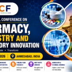 Promotional banner for the International Conference on Pharmacy, Chemistry and Laboratory Innovation 2026 featuring pharmaceutical products, laboratory glassware, a microscope, and scientific research visuals with event details for Ahmedabad, India on 21 June 2026.