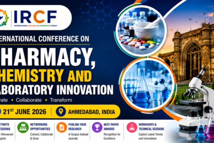 Promotional banner for the International Conference on Pharmacy, Chemistry and Laboratory Innovation 2026 featuring pharmaceutical products, laboratory glassware, a microscope, and scientific research visuals with event details for Ahmedabad, India on 21 June 2026.
