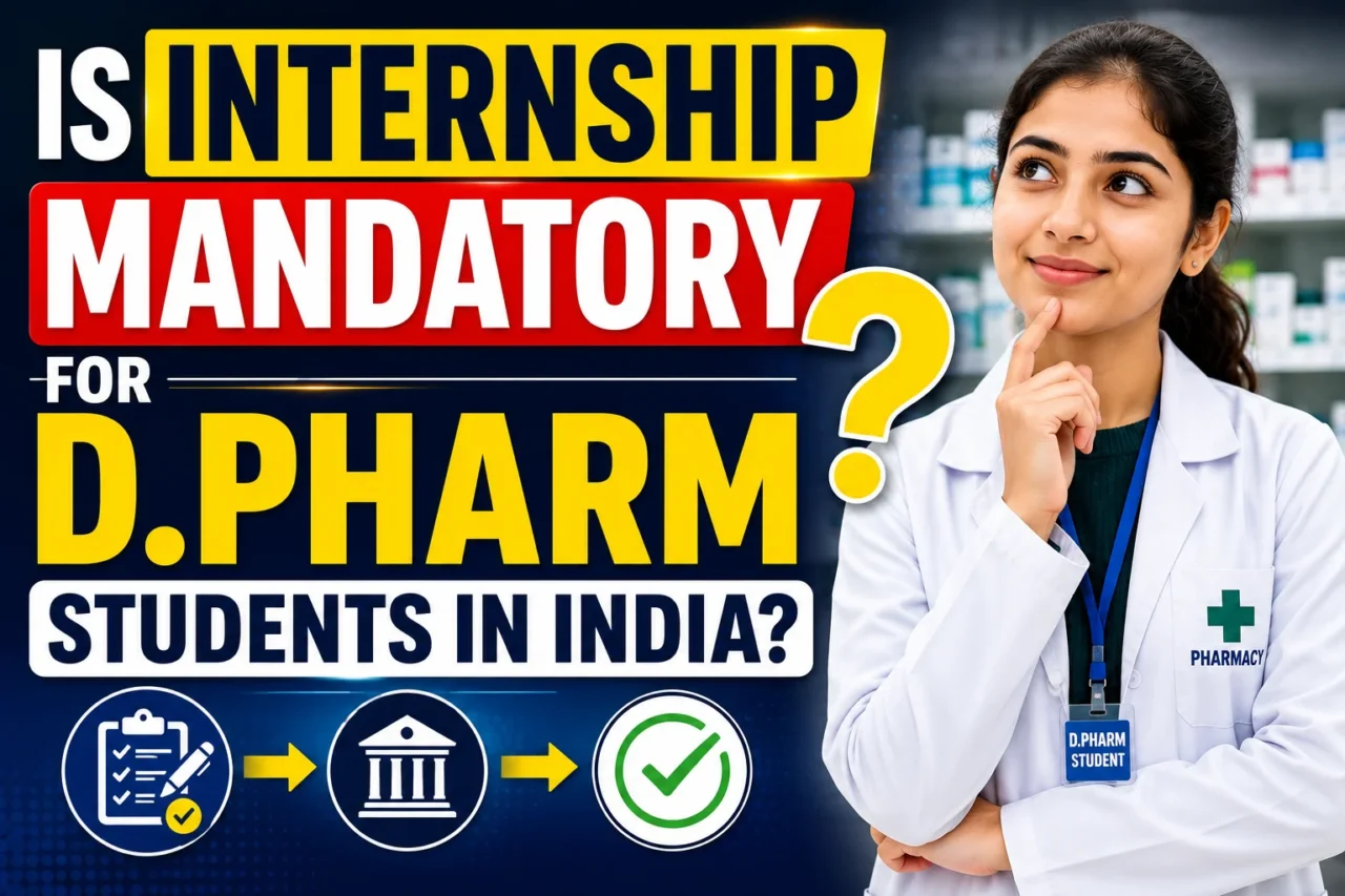 Thumbnail discussing whether internship is mandatory for D.Pharm students in India, featuring a pharmacy student with a question mark and internship-related graphics.