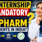 Thumbnail discussing whether internship is mandatory for D.Pharm students in India, featuring a pharmacy student with a question mark and internship-related graphics.