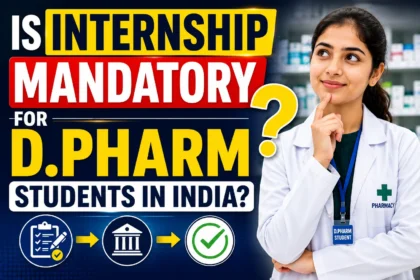 Thumbnail discussing whether internship is mandatory for D.Pharm students in India, featuring a pharmacy student with a question mark and internship-related graphics.