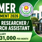 JIPMER Recruitment 2026 thumbnail featuring Nurse Researcher and Research Assistant vacancies, JIPMER campus building, institute logo, and ₹31,000 per month salary information.