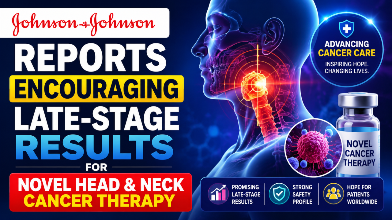 Johnson & Johnson cancer therapy thumbnail showing a highlighted head and neck cancer target area, innovative cancer treatment vial, and bold text announcing encouraging late-stage clinical trial results.