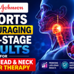 Johnson & Johnson cancer therapy thumbnail showing a highlighted head and neck cancer target area, innovative cancer treatment vial, and bold text announcing encouraging late-stage clinical trial results.