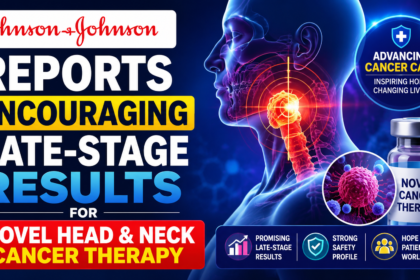 Johnson & Johnson cancer therapy thumbnail showing a highlighted head and neck cancer target area, innovative cancer treatment vial, and bold text announcing encouraging late-stage clinical trial results.
