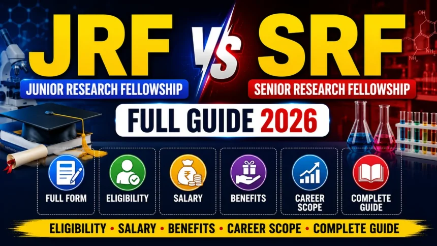 Thumbnail comparing JRF and SRF with bold text, research laboratory background, graduation cap, scientific equipment, and highlights covering full form, eligibility, salary, benefits, career scope, and complete guide for 2026.