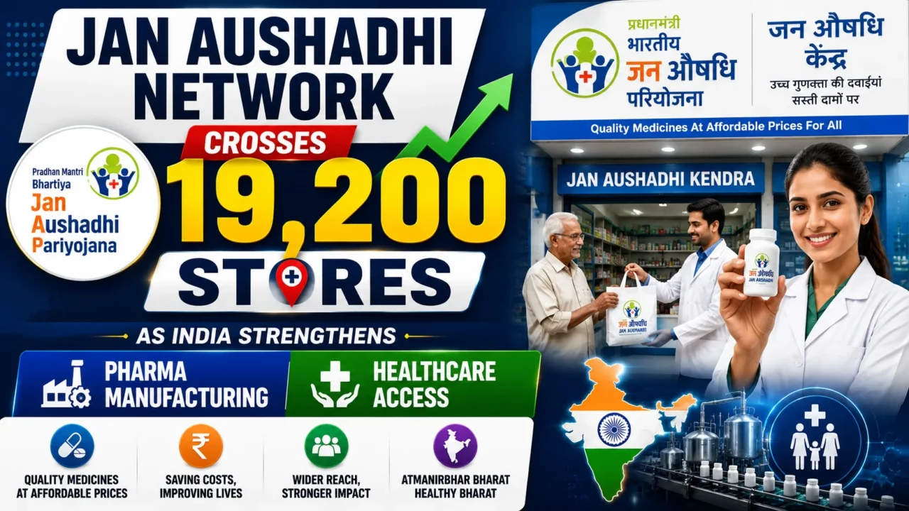 Jan Aushadhi Network milestone thumbnail highlighting the expansion of the Pradhan Mantri Bhartiya Jan Aushadhi Pariyojana to over 19,200 stores across India. The image features Jan Aushadhi Kendras, affordable medicines, healthcare access, pharmaceutical manufacturing, and growth-focused visuals.