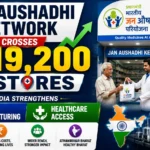 Jan Aushadhi Network milestone thumbnail highlighting the expansion of the Pradhan Mantri Bhartiya Jan Aushadhi Pariyojana to over 19,200 stores across India. The image features Jan Aushadhi Kendras, affordable medicines, healthcare access, pharmaceutical manufacturing, and growth-focused visuals.