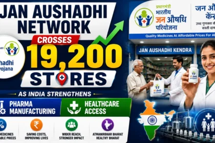 Jan Aushadhi Network milestone thumbnail highlighting the expansion of the Pradhan Mantri Bhartiya Jan Aushadhi Pariyojana to over 19,200 stores across India. The image features Jan Aushadhi Kendras, affordable medicines, healthcare access, pharmaceutical manufacturing, and growth-focused visuals.