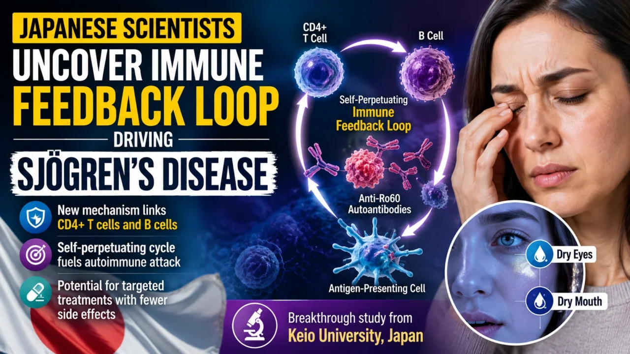 Medical research infographic showing Japanese scientists discovering an immune feedback loop involving CD4+ T cells, B cells, and anti-Ro60 antibodies that may drive Sjögren’s disease progression.
