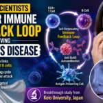 Medical research infographic showing Japanese scientists discovering an immune feedback loop involving CD4+ T cells, B cells, and anti-Ro60 antibodies that may drive Sjögren’s disease progression.