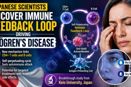 Medical research infographic showing Japanese scientists discovering an immune feedback loop involving CD4+ T cells, B cells, and anti-Ro60 antibodies that may drive Sjögren’s disease progression.