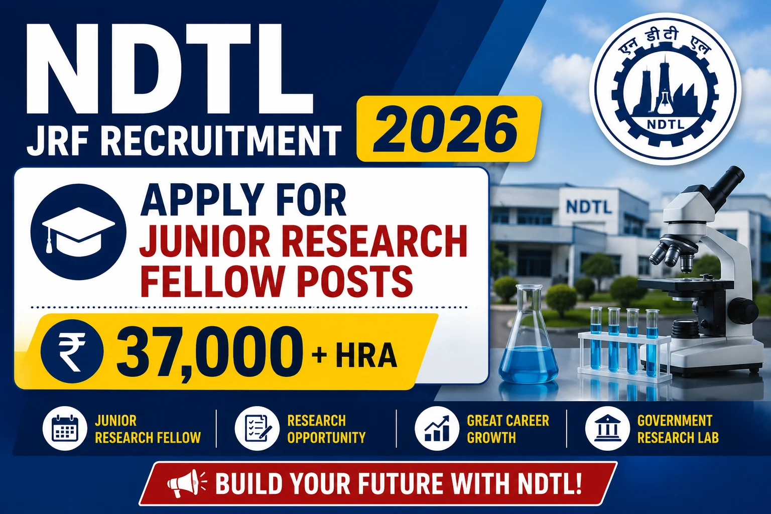 NDTL JRF Recruitment 2026 thumbnail featuring NDTL laboratory imagery, microscope, research equipment, and a recruitment announcement for Junior Research Fellow (JRF) posts with a salary of ₹37,000 plus HRA.