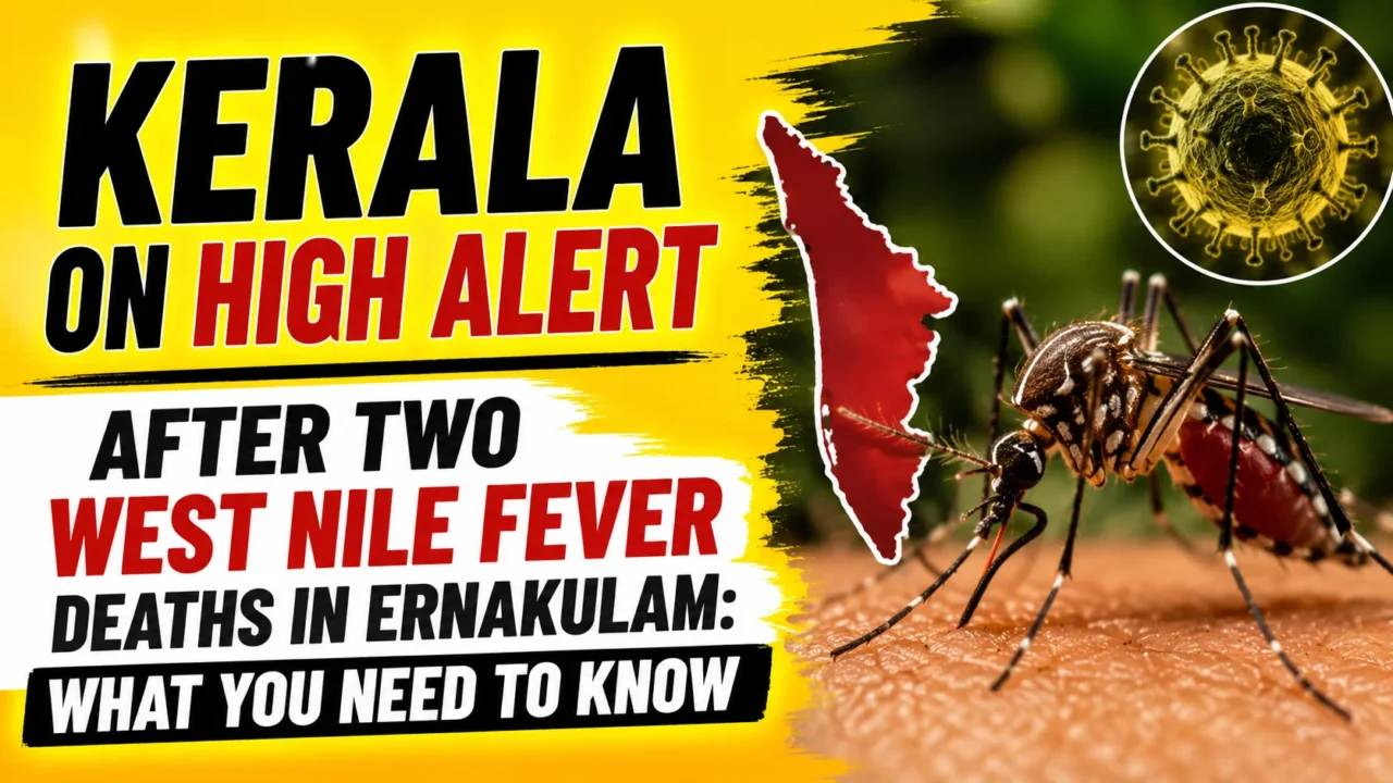 News-style YouTube thumbnail highlighting Kerala's high alert over West Nile Fever deaths in Ernakulam. Features a large mosquito, Kerala state map, virus illustration, and bold alert text on a yellow background.
