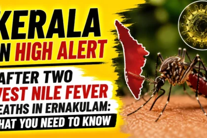 News-style YouTube thumbnail highlighting Kerala's high alert over West Nile Fever deaths in Ernakulam. Features a large mosquito, Kerala state map, virus illustration, and bold alert text on a yellow background.